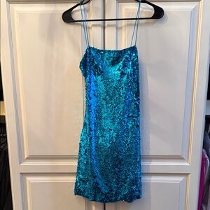 Alice + Olivia Teal Sequin Slip Dress with back cut out